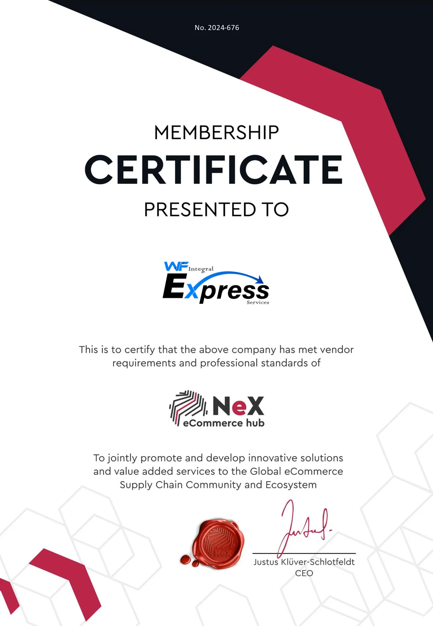NeX eCommerce Hub membership certificate for W.F Integral Express Services